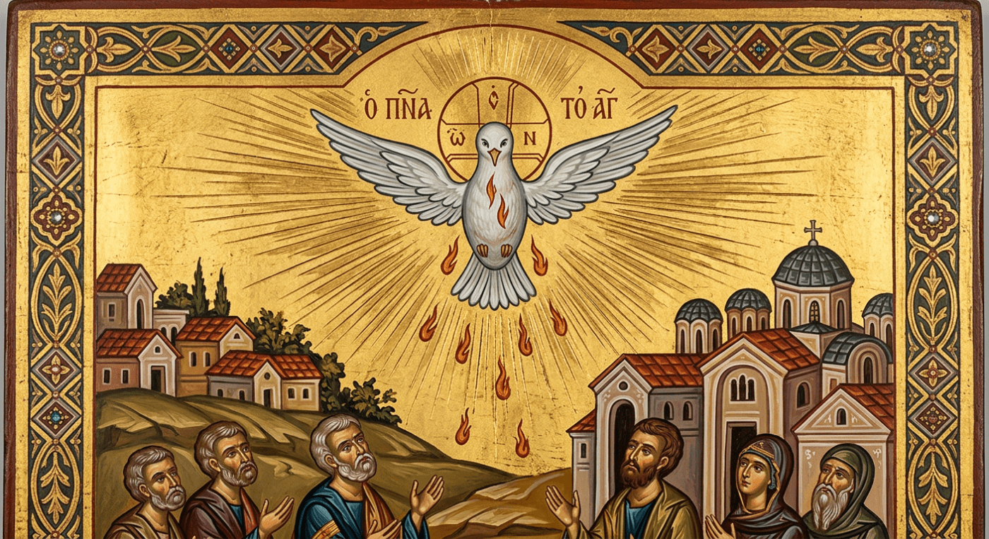 White dove flying upward with sun rays through clouds above a village and people raising hands below