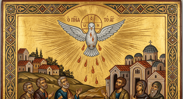 White dove flying upward with sun rays through clouds above a village and people raising hands below