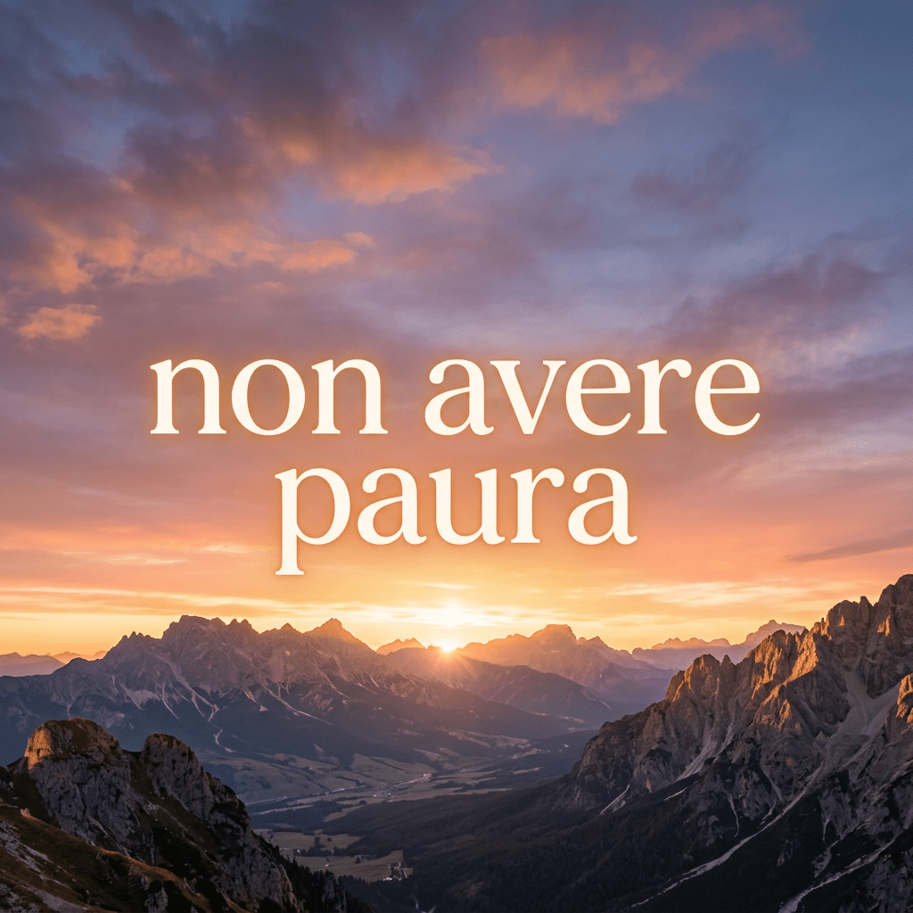 Sunset over mountain range with the Italian text ‘non avere paura’